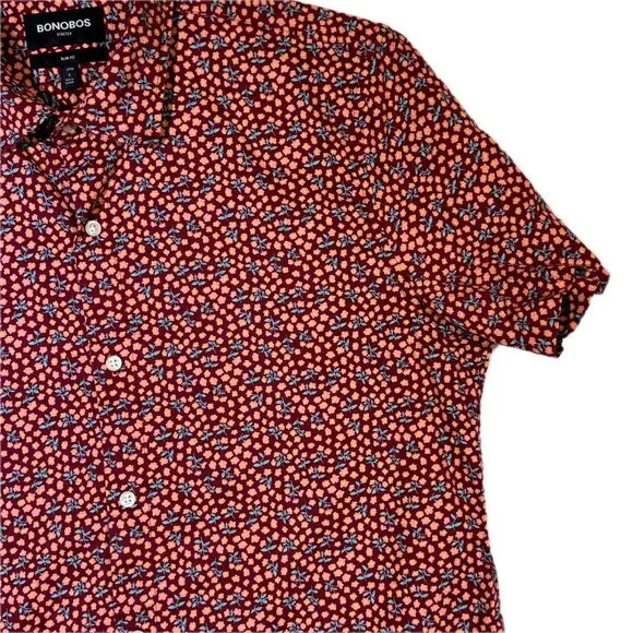 Bonobos Men Shirt Large Red Floral Stretch Slim Fit Short Sleeve Button-Up M528 - Picture 5 of 13